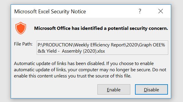 EXCEL: MICROSOFT HAS IDENTIFIED A POTENTIAL SECURITY CONCERN 