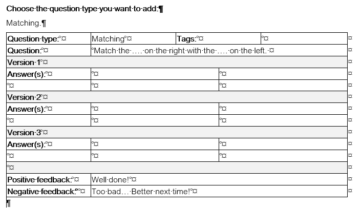 Using drop down menu in word to display the correct table 