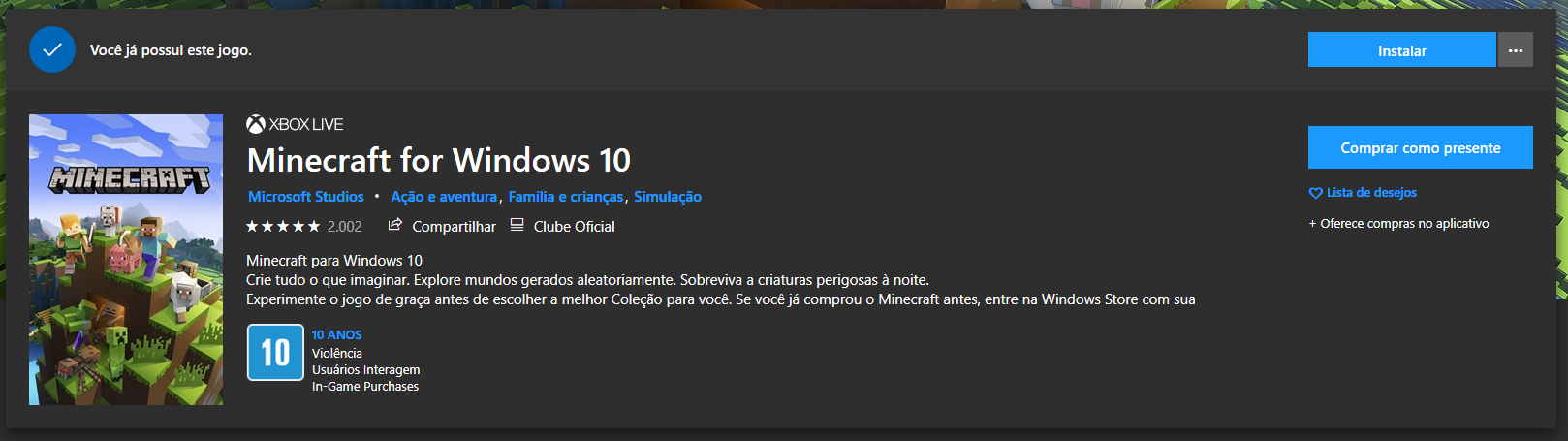 Jogar o Minecraft no Windows 10. - Microsoft Community