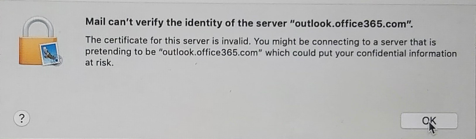 Mail can't verify the identity of the server outlook.office365.com. -  Microsoft Community