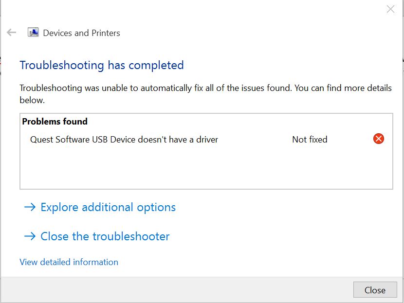 USB port not working with wireless mouse. Says "Quest Software USB