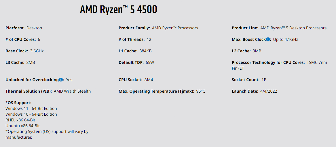 AMD Ryzen 5 4500 3,6 GHz (Renoir) Sockel AM4 - boxed