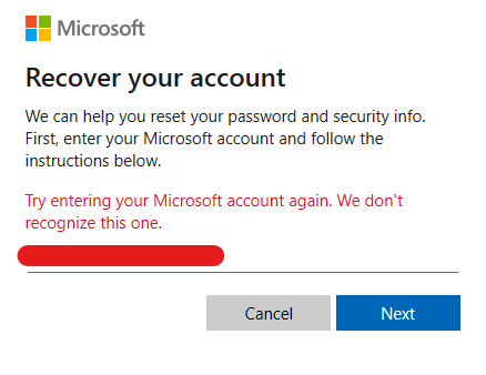 microsoft account email address not recognised