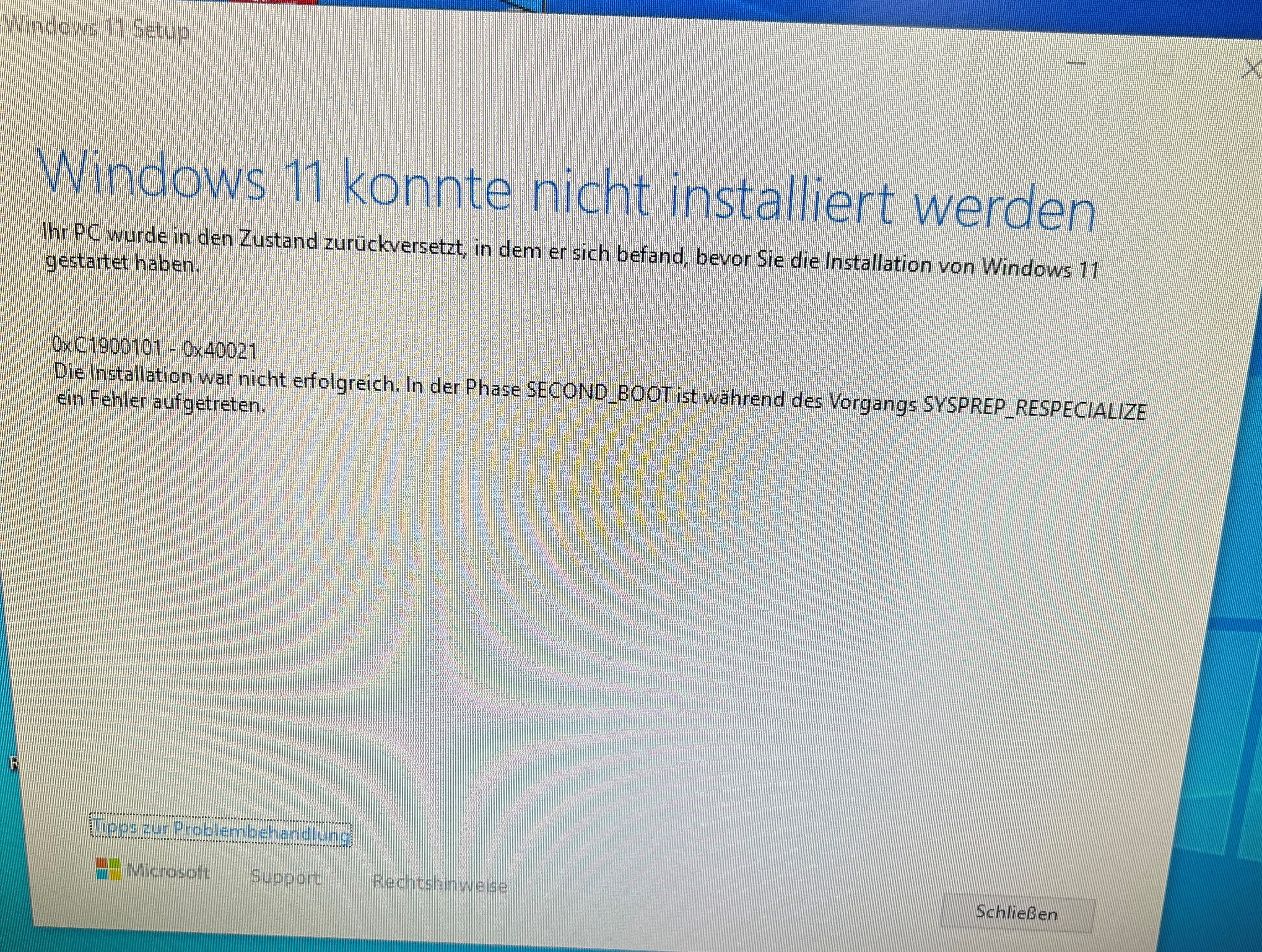 Upgrade von Windows 10 auf Windows 11 Error 0xC1900101 - 0x40021 - Microsoft  Community