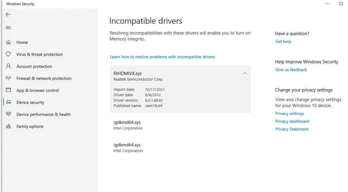 How to fix core isolation incompatible driver issues - Microsoft Community