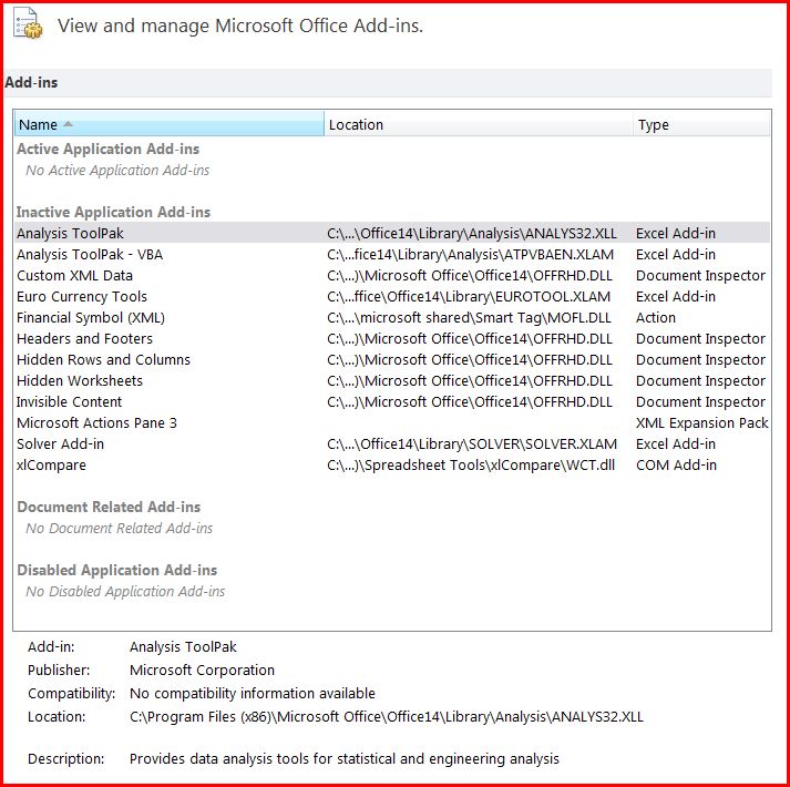 Excel document actions panel