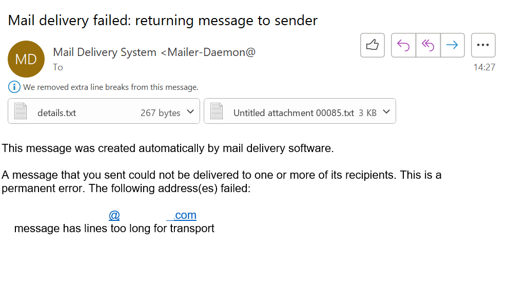 Mail Bounce Error- Message has lines too long for transport