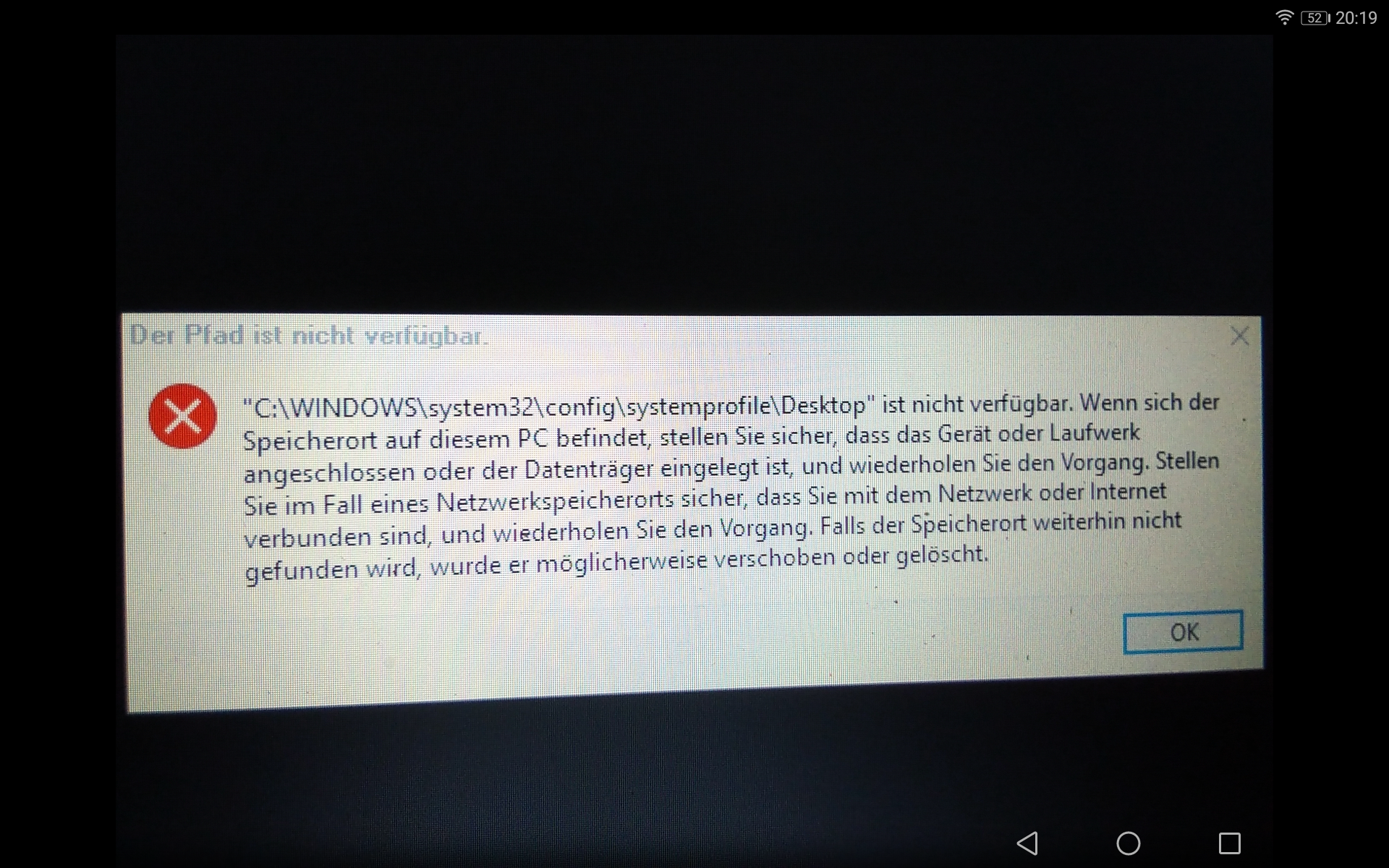 C.\Windows\system32\config\systemprofile\Desktop ist nicht verfügbar und sihost.exe - Systemwarnung: