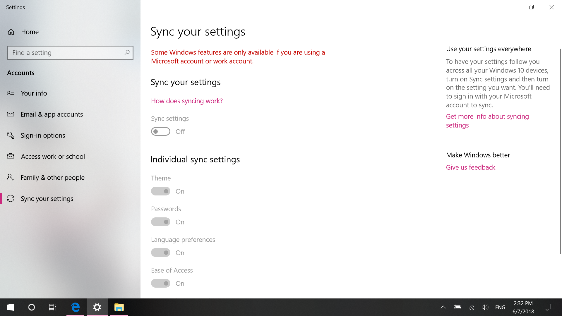 Syncing Microsoft account settings in Windows 10