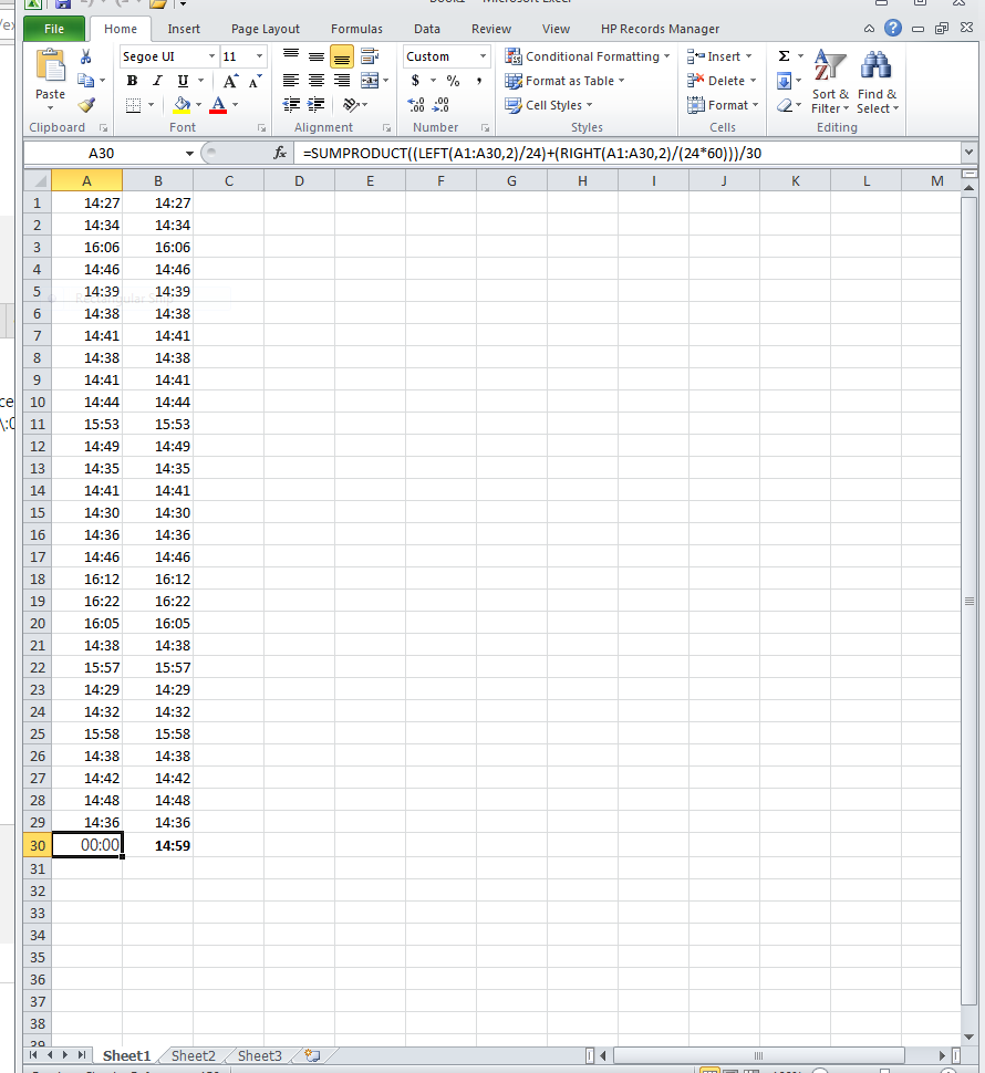 excel trying average time using custom cells 