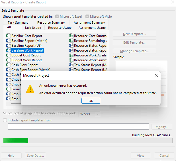 MS Project 2016" An Unknown Error Has Occured." Message While ...