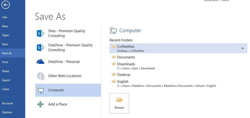 Save As Folders For Word All Pointing To My Documents Folder 