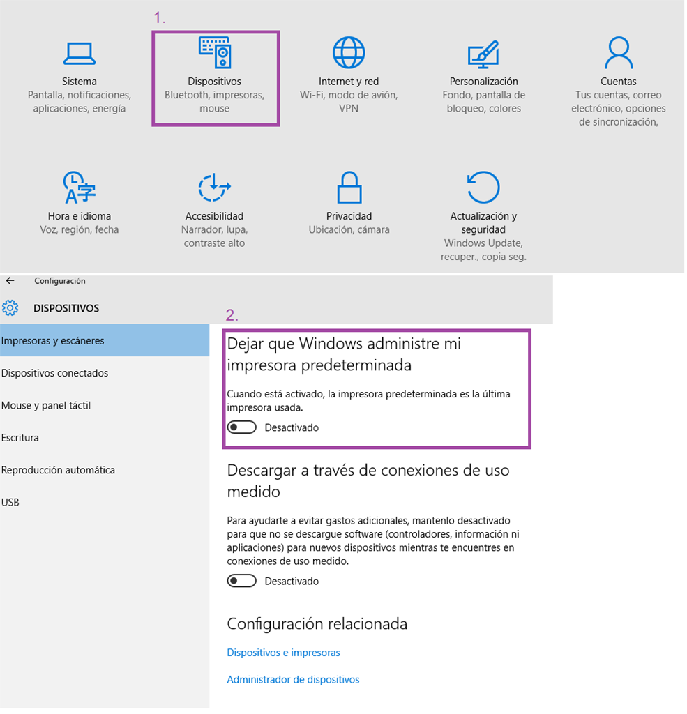 Windows 10 1511: Configuración de impresoras predeterminadas. Microsoft Community