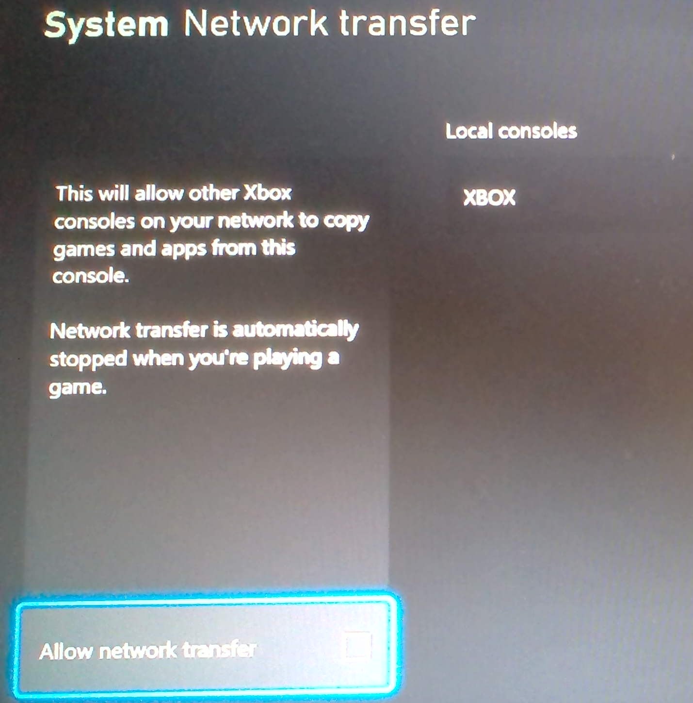 Xbox one system clearance network transfer