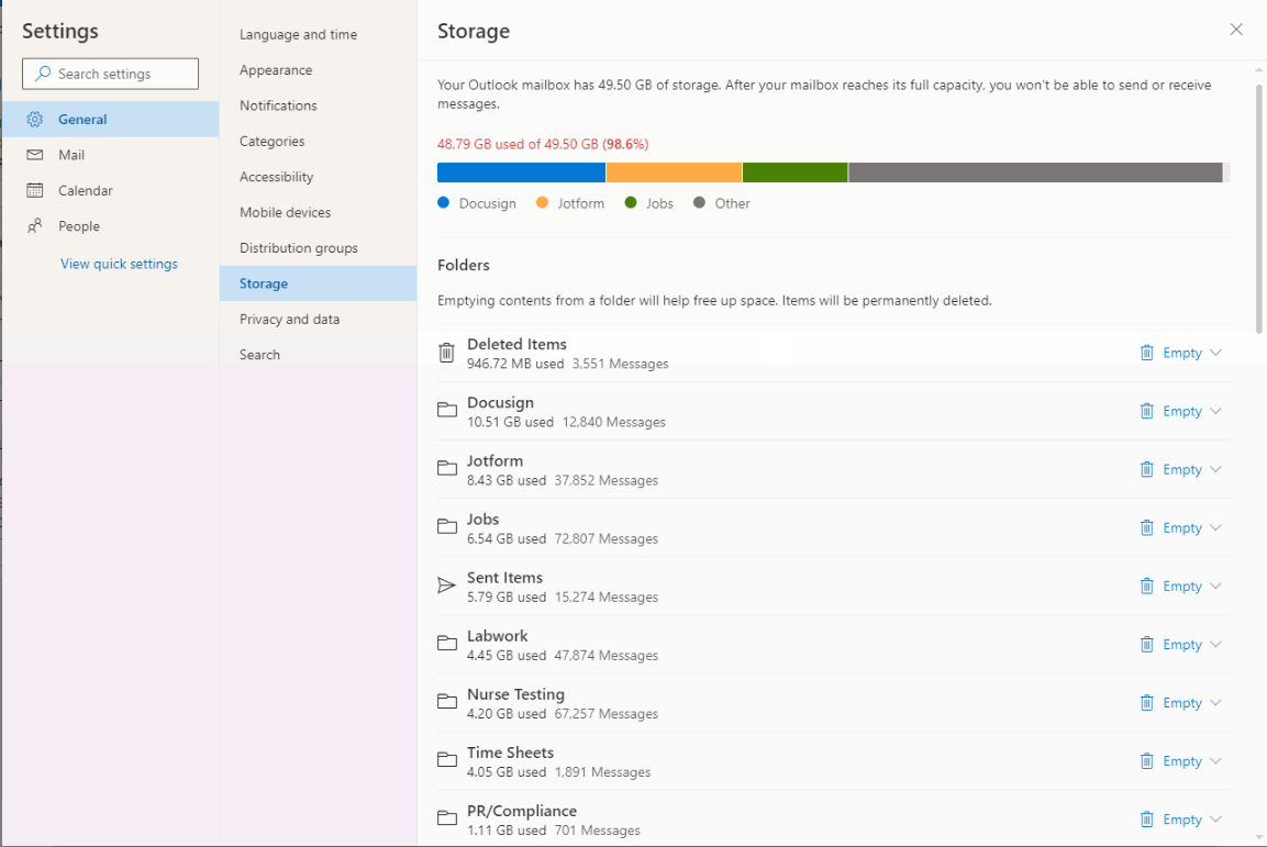 outlook storage full microsoft outlook it internal support net