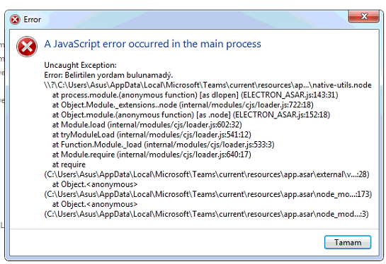 Microsoft Teams JavaScript error occured in the main