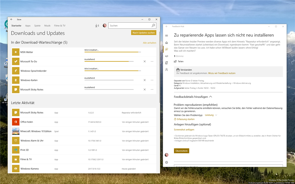 Build 16232 u 16241: Mehrere Apps werden nicht heruntergeladen oder installiert