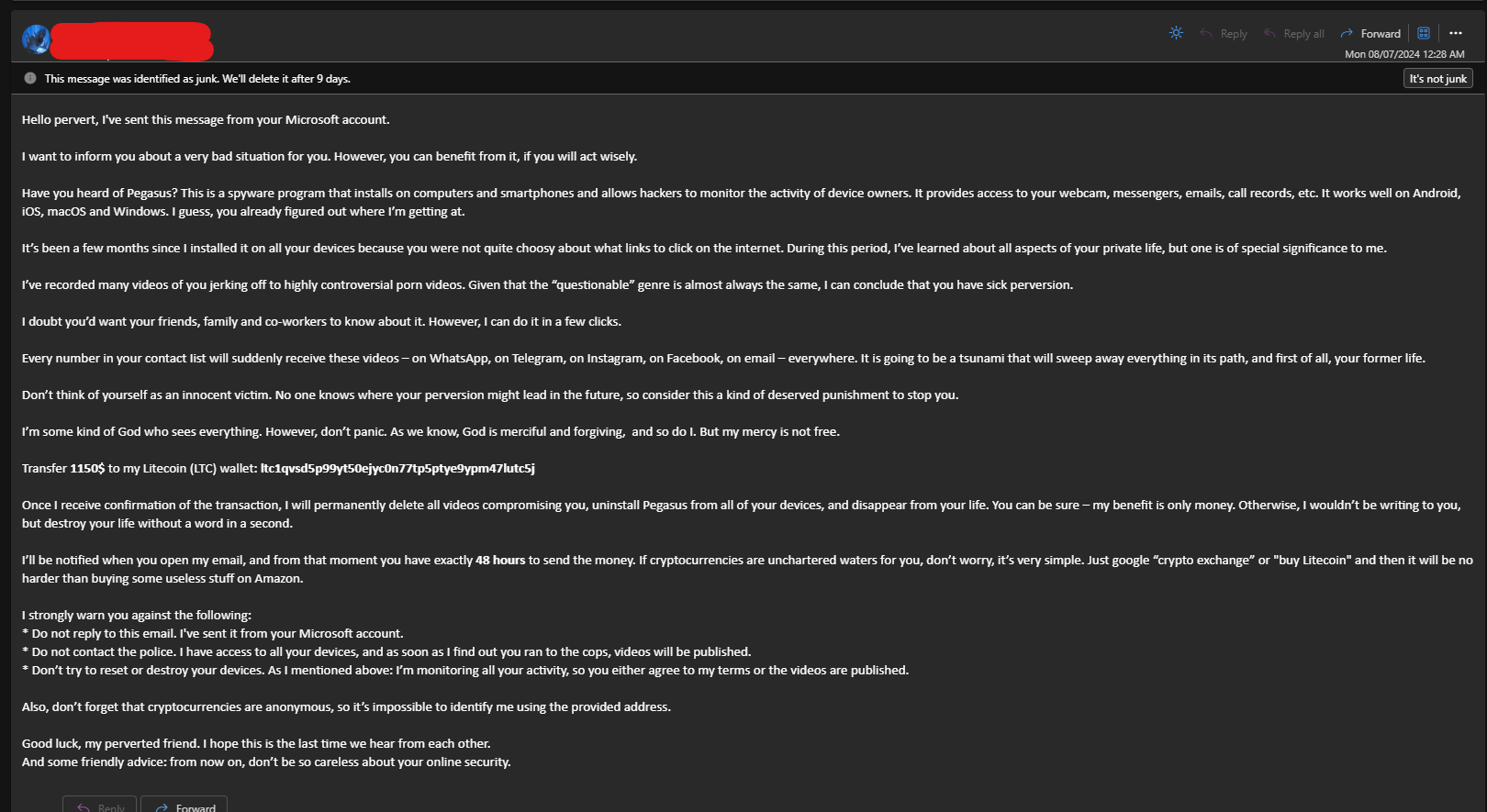 I got a scam email calling me a pervert but the sender was my own -  Microsoft Community