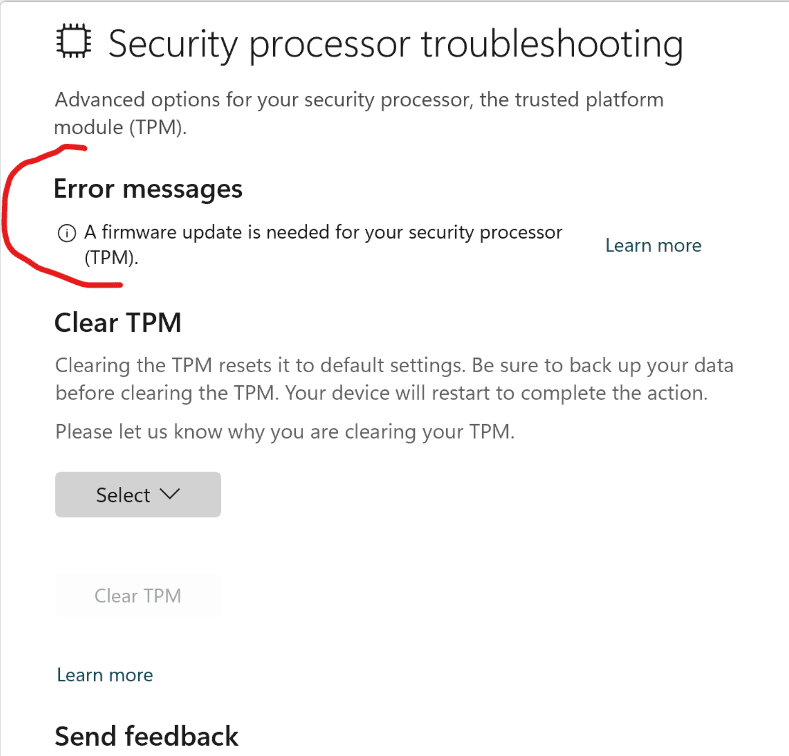 Windows 11 showing error message &ldquo;A firmware update is needed for 