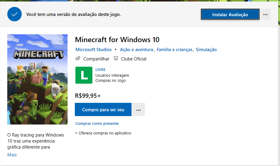 Não consigo baixar a versão de teste do Minecraft para Win.10