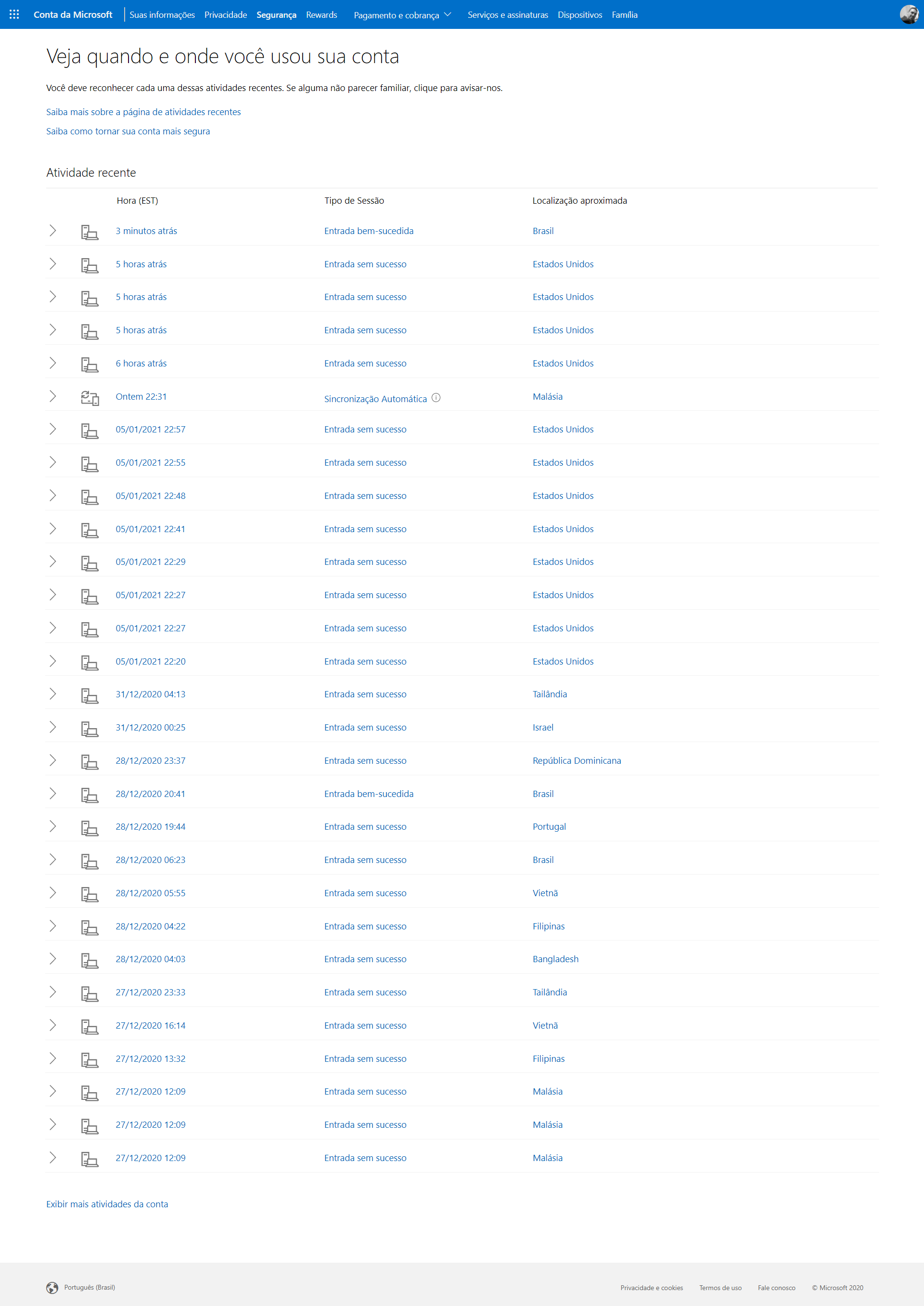Tentativas de acesso a minha conta de vários países diferentes - Microsoft  Community