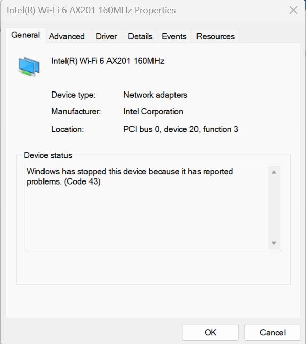 intel r wi fi 6 ax201 160mhz microsoft driver