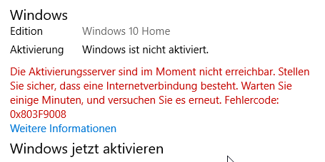 Windows aktivieren, Aktivierungsserver nicht verfügbar.