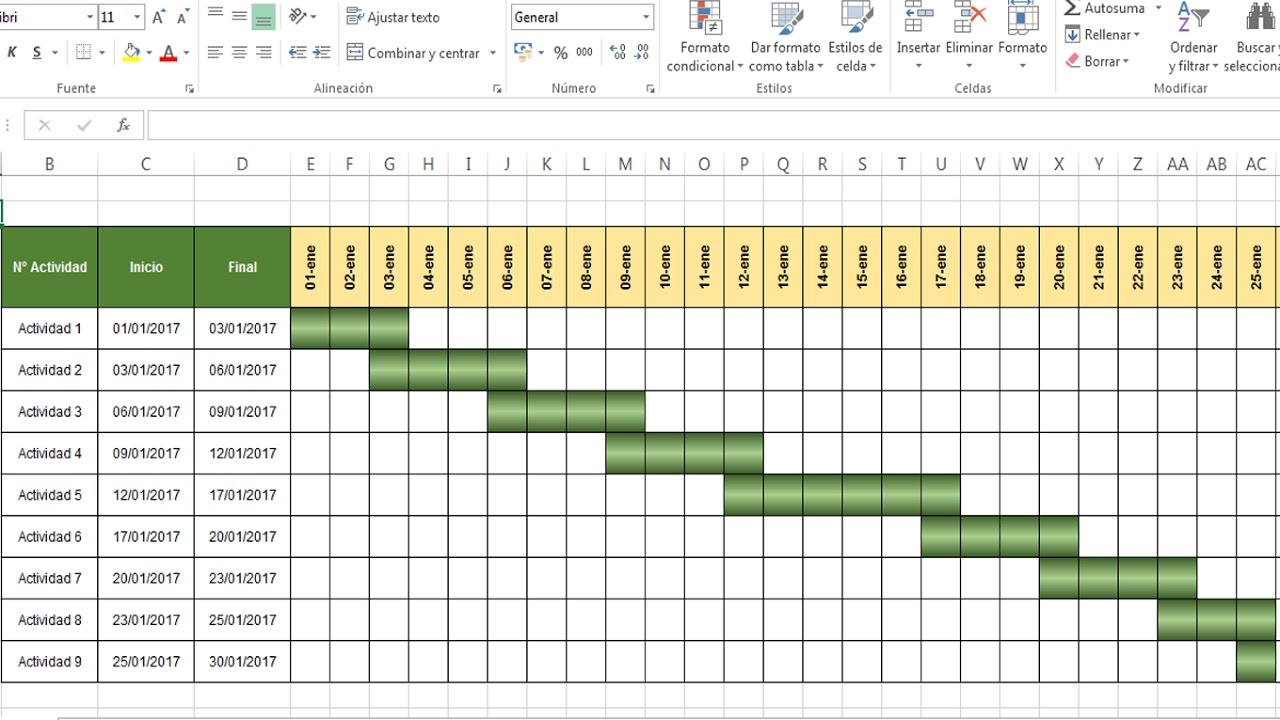 Combinar formato condicional en diagrama de Gantt 