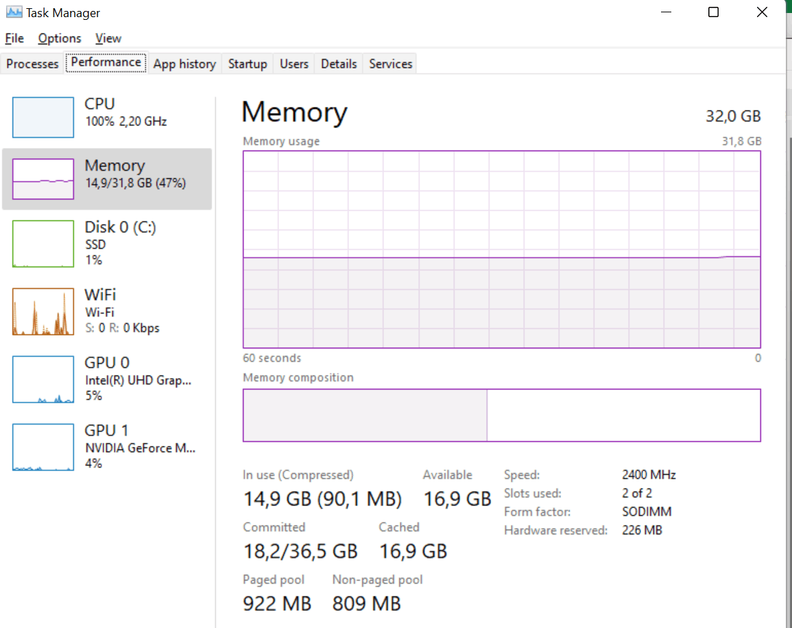 Windows 11 32GB RAM, all available, but only using maximum 40% - Microsoft  Community