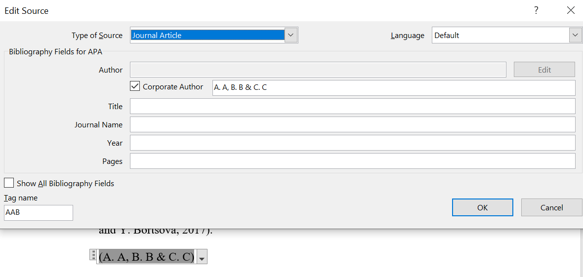 How do I show et al instead of all author names in word citation 
