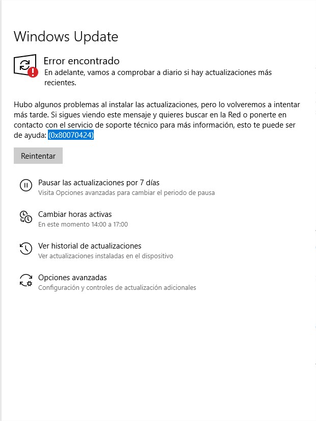 Error 0x80070424 en Windows Update y en la Tienda