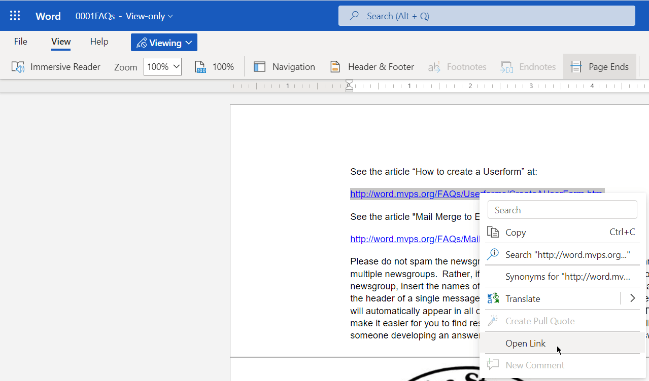 Word online - Viewing mode - Links within document aren't clickable ...