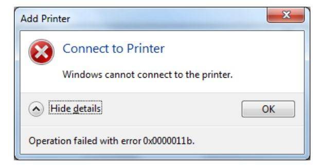 При подключении сетевого принтера ошибка 0x0000011b