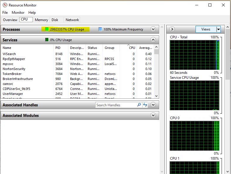 Why does task manager show CPU speed as 28873422.59 GHz and usage ...