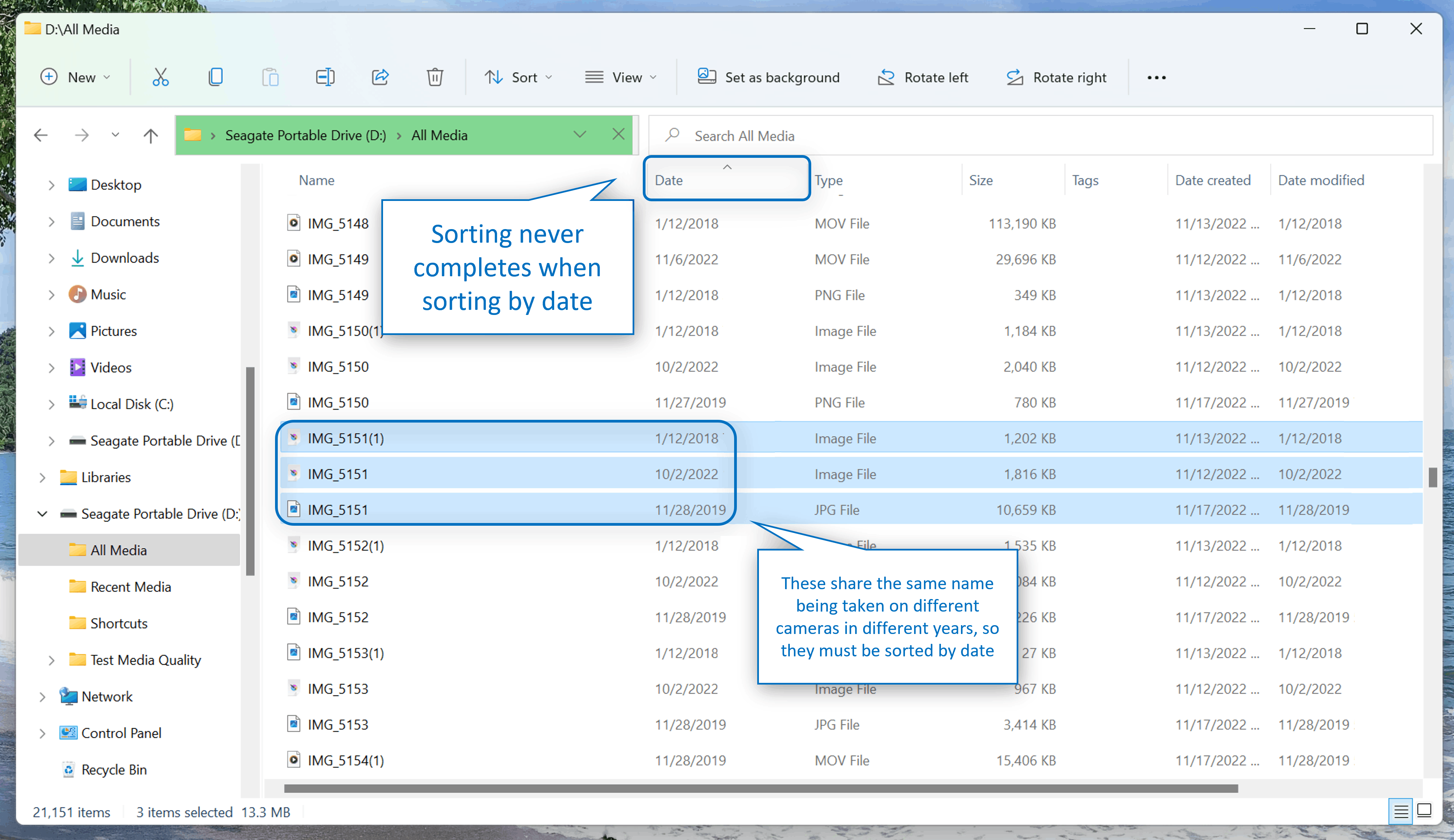 Unable to sort or filter media by date, date-modified, etc, using