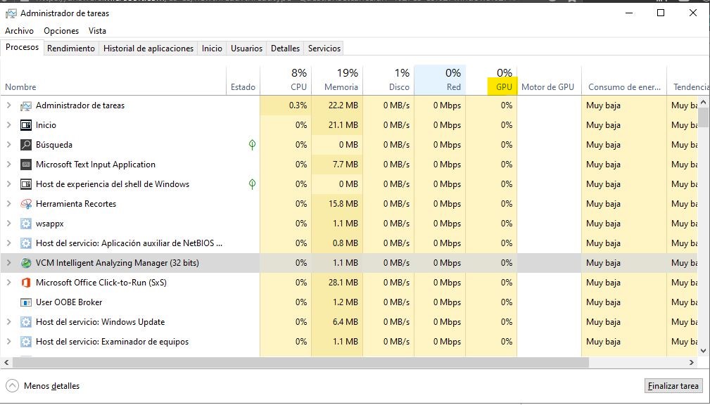 Sin datos de GPU en administrador de tareas Windows 10