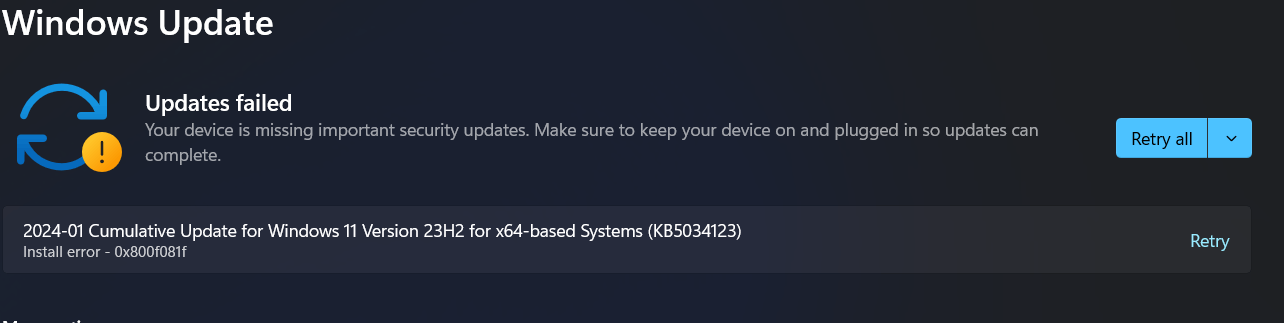 Cumulative Update For Windows 11 KB5034123 Install Error - 0x800f081f ...