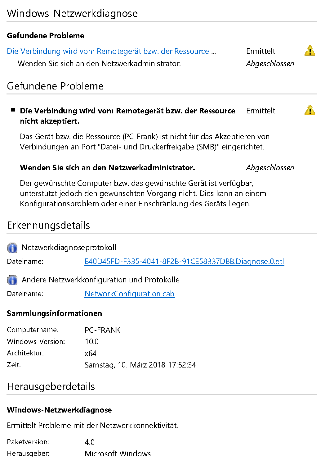 Das Gerät ist nicht für das Akzeptieren von Verbindungen an Port "Datei- und...