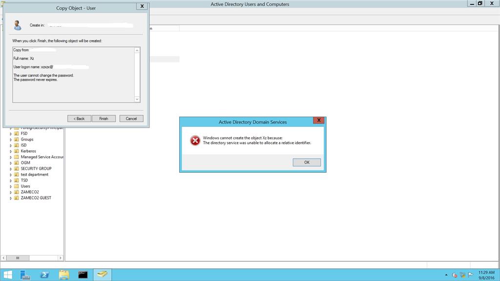 Windows cannot create an object because: The directory service ...