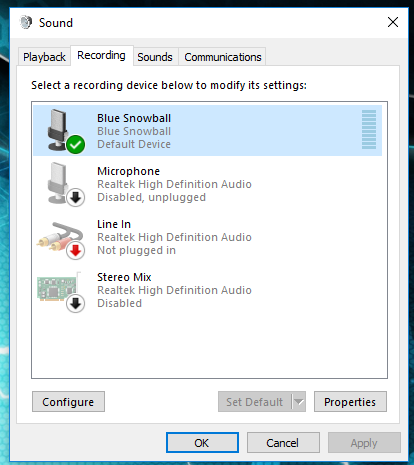 Blue Snowball iCE Mic Recognized but not working Microsoft