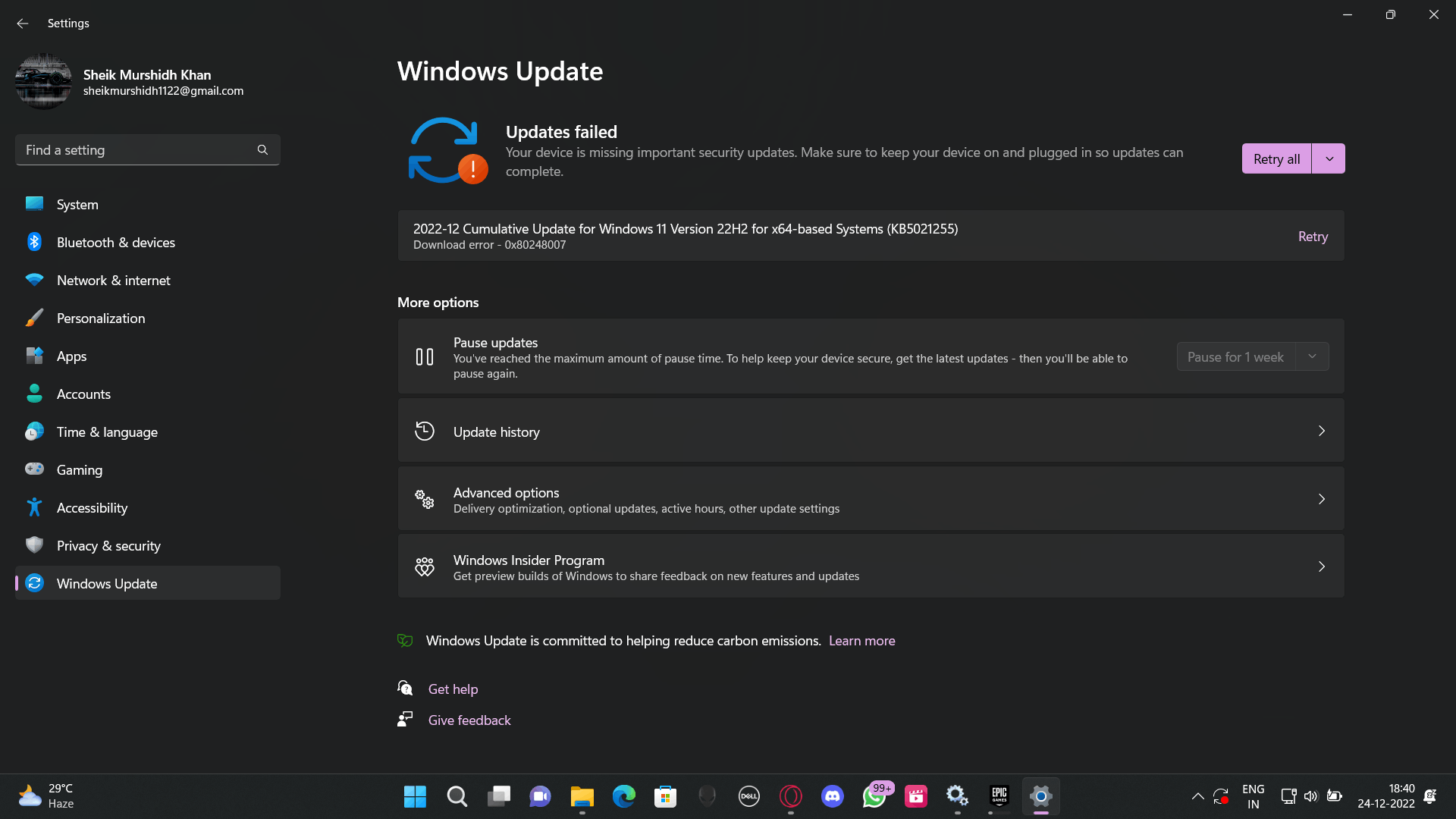 I am unable to install cumulative windows update for windows 11