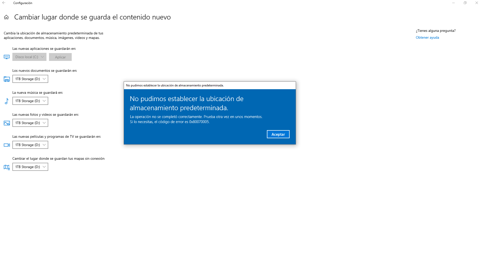 insulto Manifiesto Casa de la carretera No puedo cambiar la ubicación de almacenamiento • Windows - Microsoft  Community