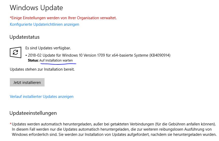 Windows 10 update von WSUS. Status: Auf Installation warten
