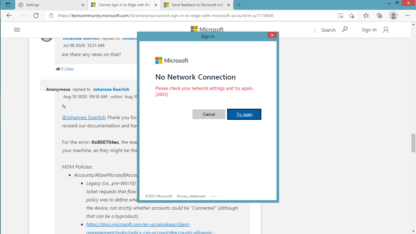 Microsoft Edge shows No Network Connection when attempting to Sign in ...