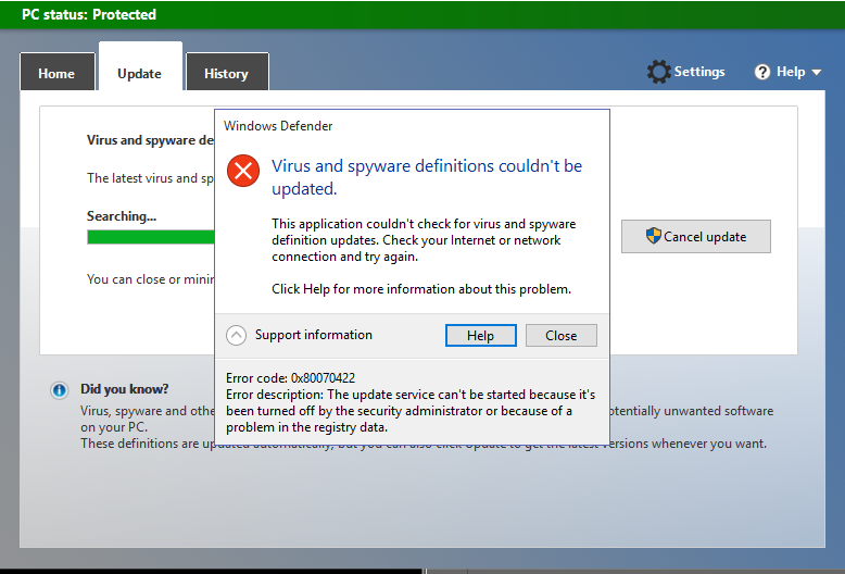 Defender ошибка. Windows Defender ошибка. Майкрософт Дефендер. Ошибка 0х80070422. Код ошибки 0x80070422 7 Windows.