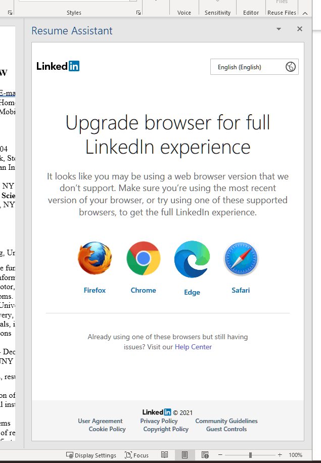 word resume assistant not working