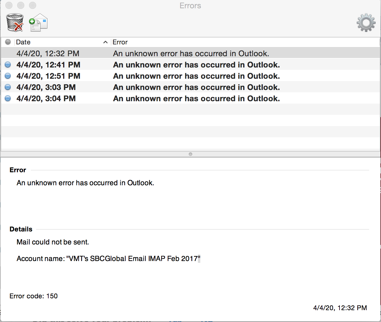Outlook 2011 error code 150