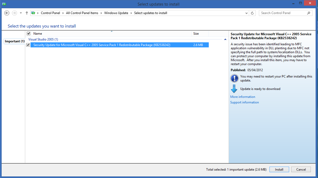 Security Update For Microsoft Visual C 05 Redistributable Microsoft Community
