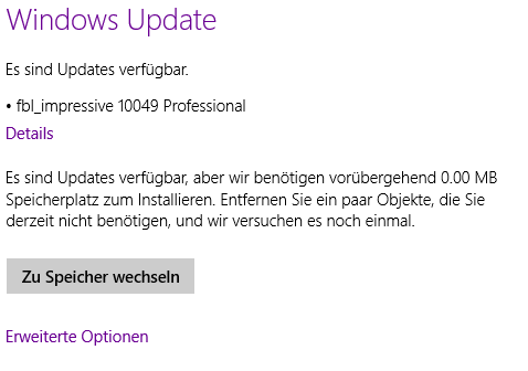 Update kann aufgrund von Speichermangel (0,00MB) nicht installiert werden