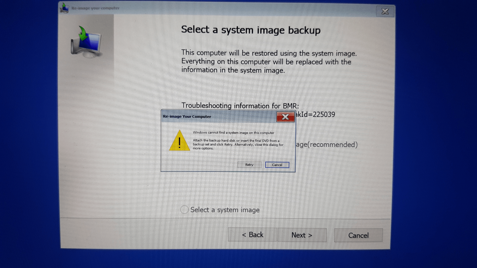 Windows cannot find a system image on this computer что делать